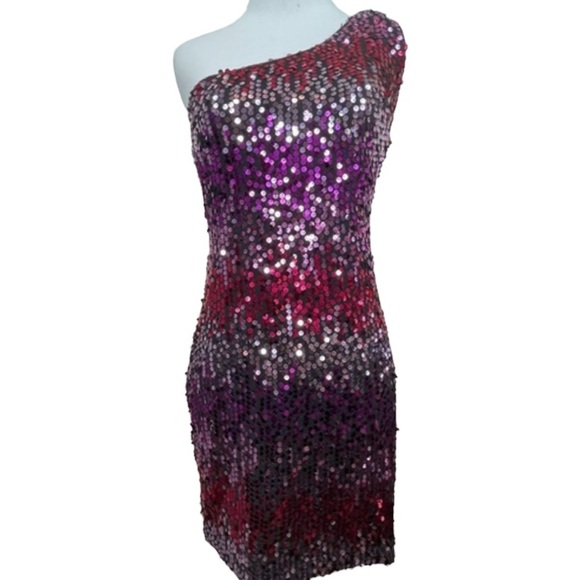 Deb Sequins Mini Dress One Shoulder Stretch Body Con Pink Purple Black M - Picture 1 of 17